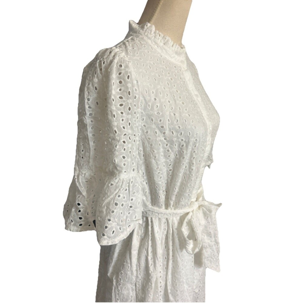 Sugarlips Kaylie Eyelet Sz M White Button Down Ruffle Midi Belted Cotton Dress - Picture 7 of 15